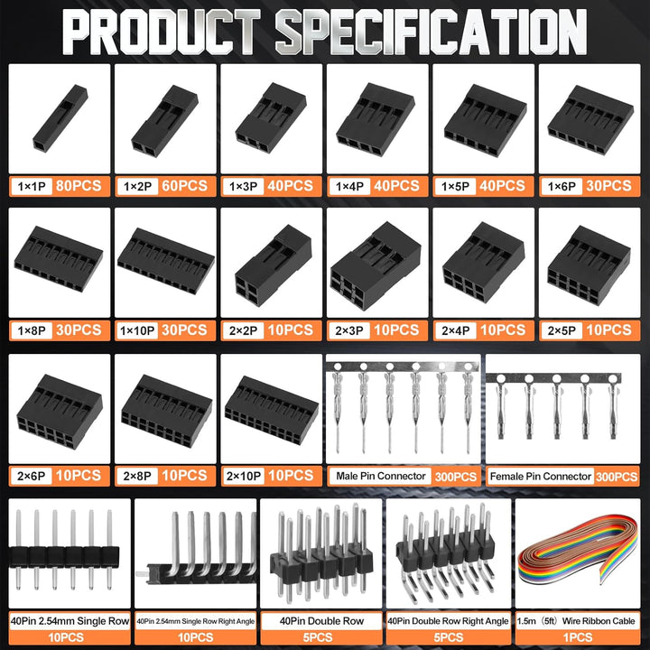 Crimpzange Dupont Stecker Set,2320 PCS 2,54 mm Steckverbinder und Crimp Pins,AWG 24–16 (0,25–1,5 mm²