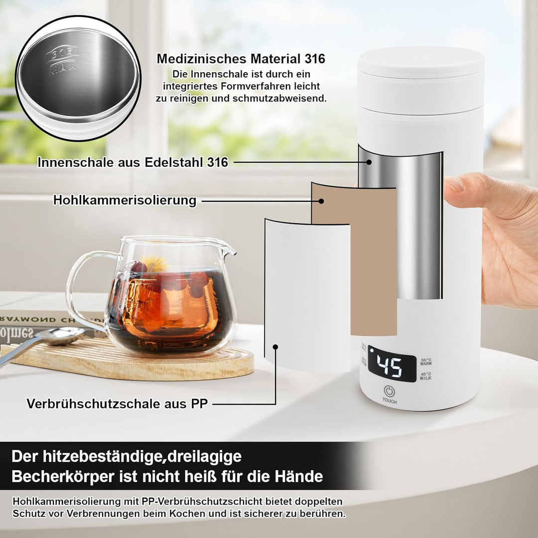 Elektrischer Reisewasserkocher Klein 500ml, Mini Wasserkocher Tragbar 316 Edelstahl Doppelschicht, T