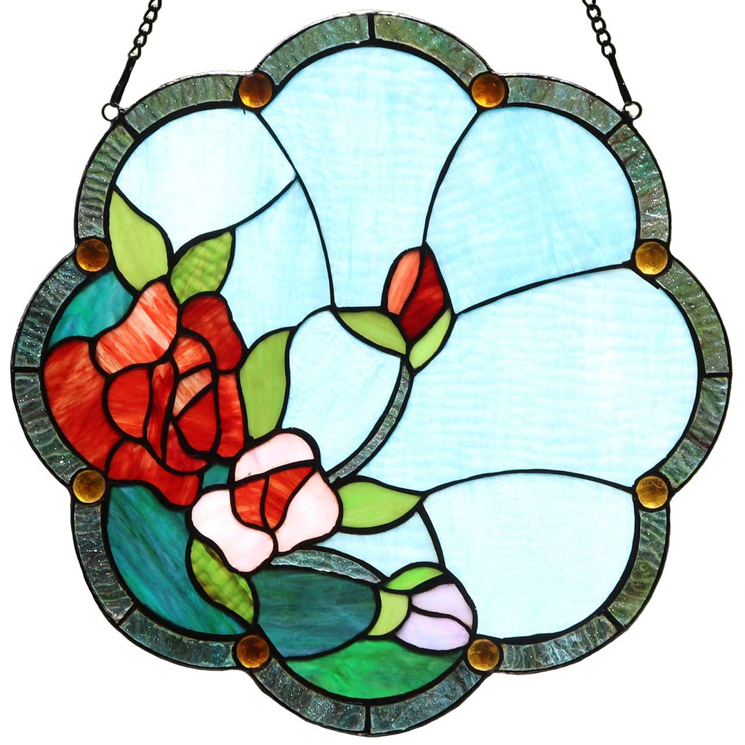 Bieye W10058 Fensterpaneel mit Rosen-Motiv im Tiffany-Stil, Buntglas, mit Kette, 40,6 cm breit