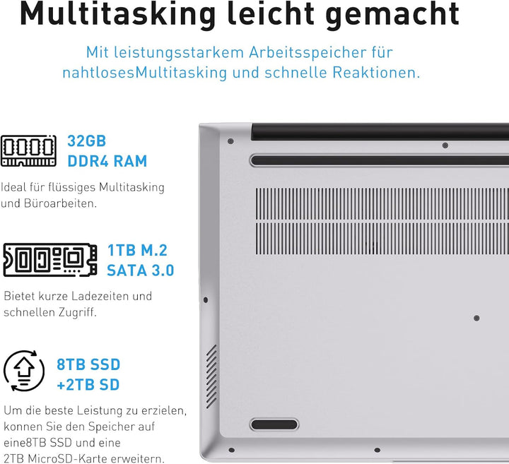 Auusda Laptop 15,6 Zoll, Notebook mit 32GB RAM 1TB SSD, Fingerabdrucksensor, beleuchtete Tastatur, 3