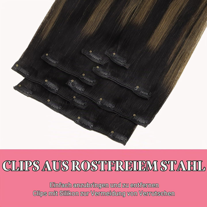 GOO GOO Echthaar Extensions Clip, 35cm 14 Zoll 120g 7 Stück Balayage Naturschwarz Gemischt Kastanien