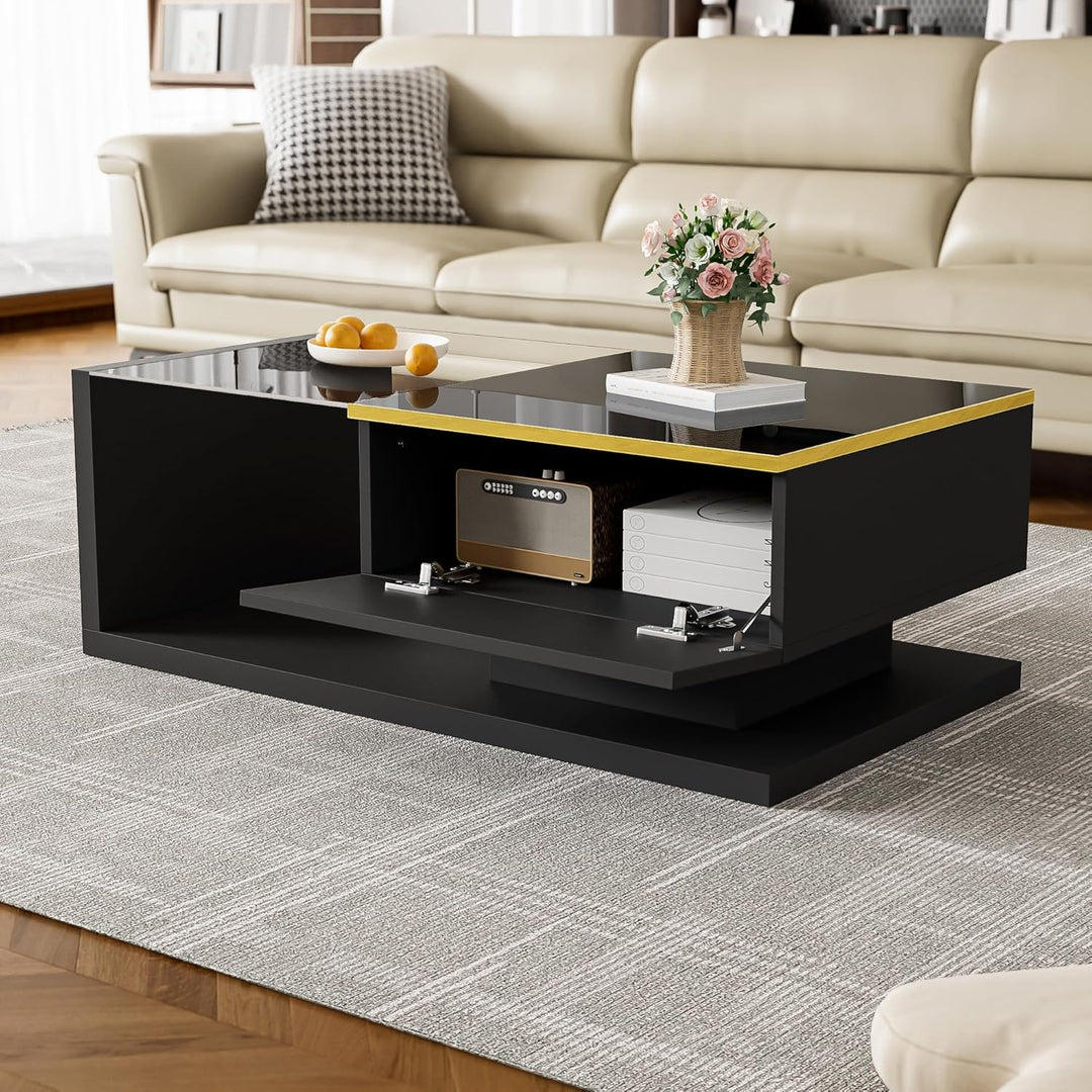 Merax Moderner LED Couchtisch, Wohnzimmertisch mit Stauraum, Hochglanz-Schwarz Beistelltische, Couch