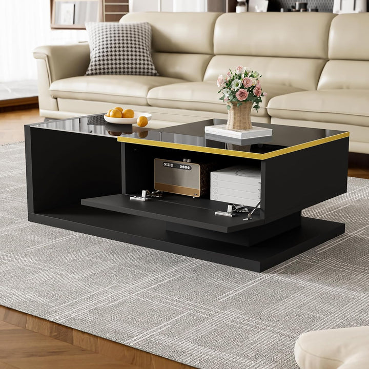 Merax Moderner LED Couchtisch, Wohnzimmertisch mit Stauraum, Hochglanz-Schwarz Beistelltische, Couch