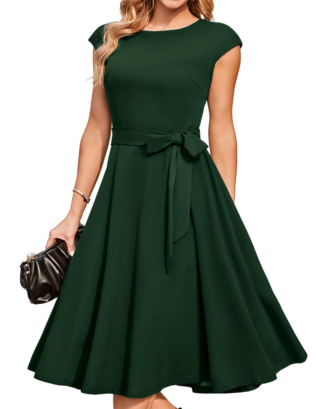 DRESSTELLS Damen Vintage Retro 1950er Cocktaikleid A-Line Swing Festlich Midilang Kleid Darkgreen S,