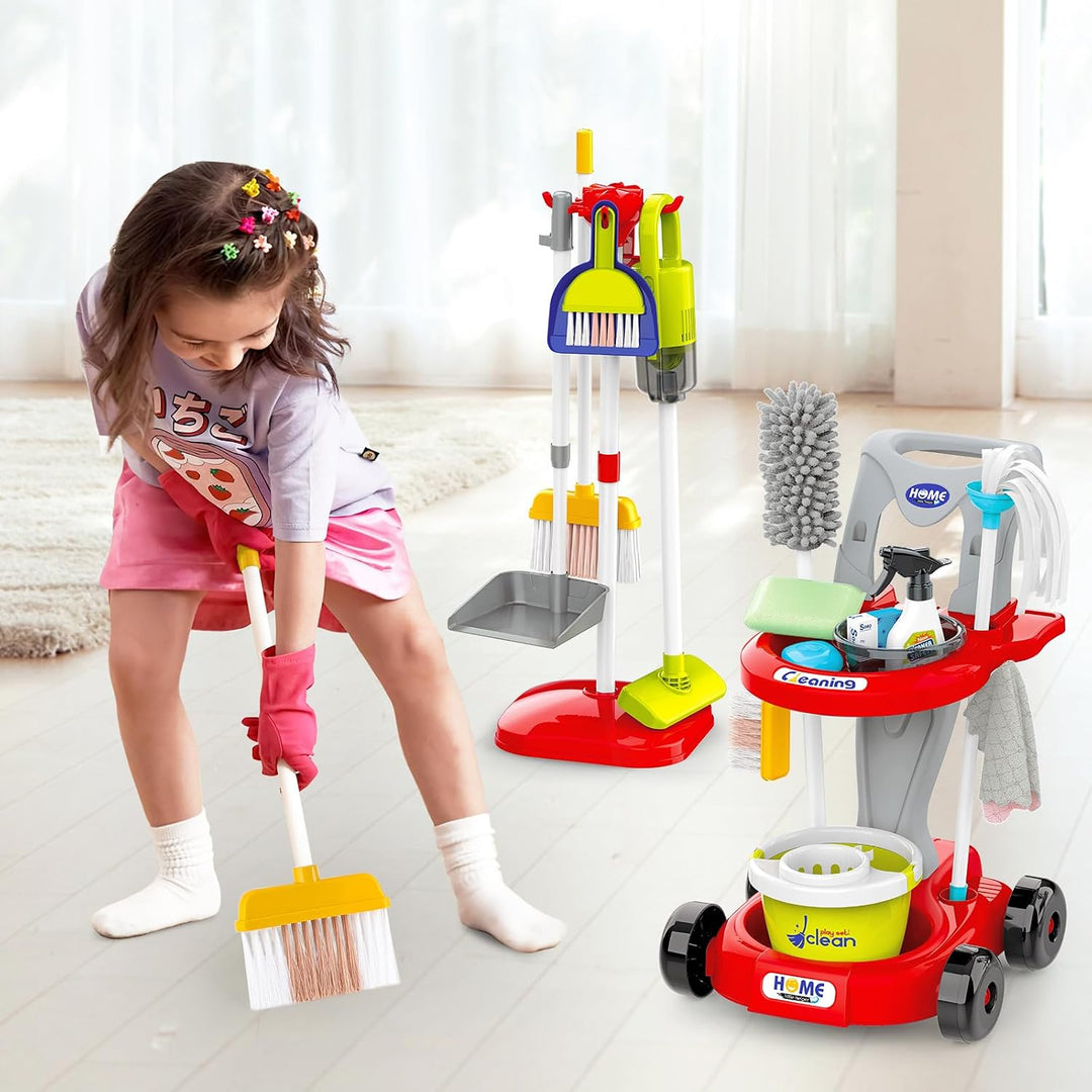 deAO Kinder Putzwagen ab 2 3 4 Jahre mit Wischmop, Eimer, Besen, Staubsauger, Bürsten, Kehrschaufel,