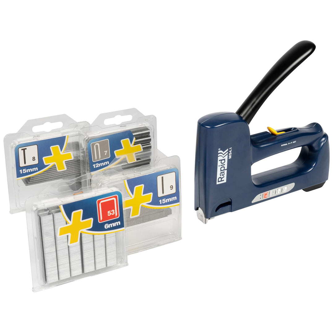 Rapid Handtacker MS4.1, Tacker für Holz und Stoffe, 4in1, Set inkl. Klammern, Kabelklammern, Nägel u