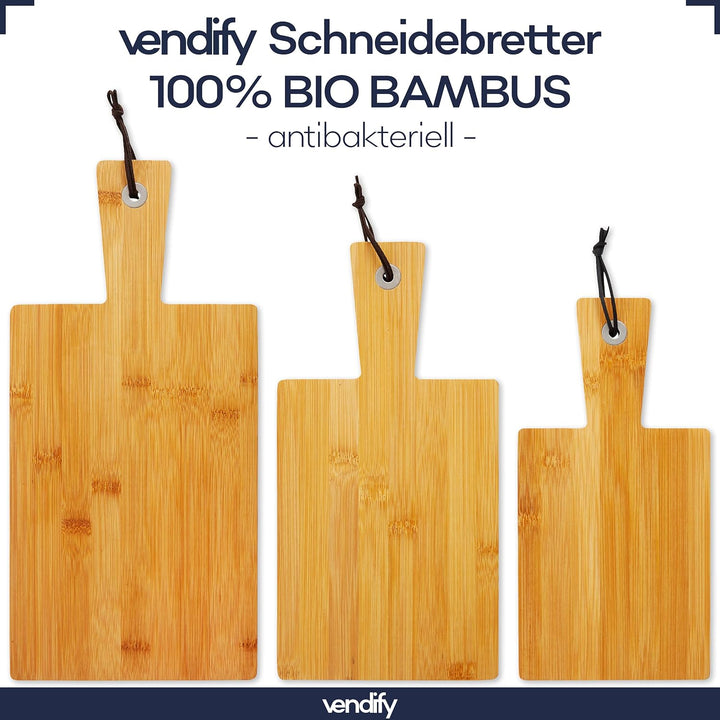 vendify® Schneidebrett Bambus 3er-Set & 6x Steakmesser - Frühstücksbrettchen 3 Grössen - Antibakteri