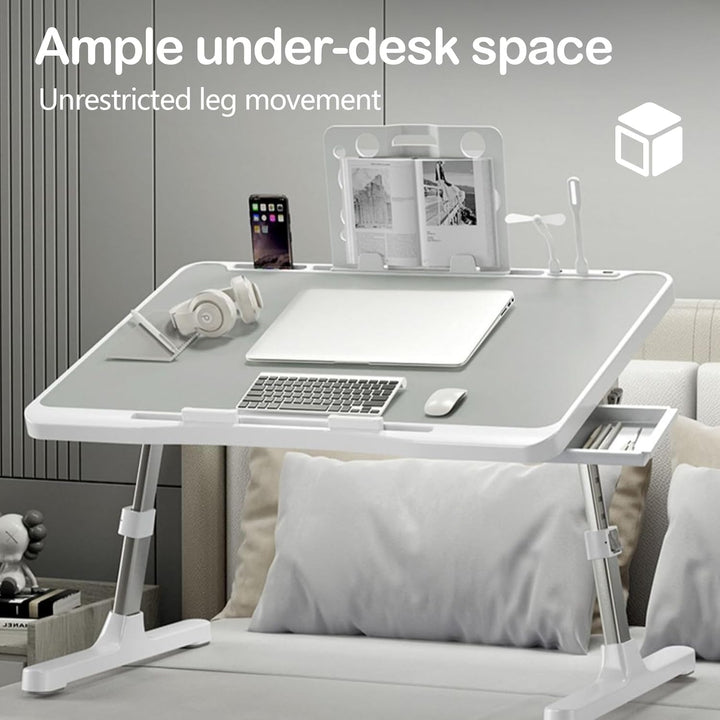 Laptoptisch, Bett Tabletttisch HöHenverstellbar Faltbarer Betttisch mit Schublade Bücherregal USB Sc