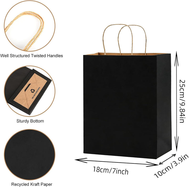 100 Stück Schwarz Papiertüten mit Henkel 18 x 10 x 25 cm Papiertragetaschen, Kraftpapier Geschenktüt