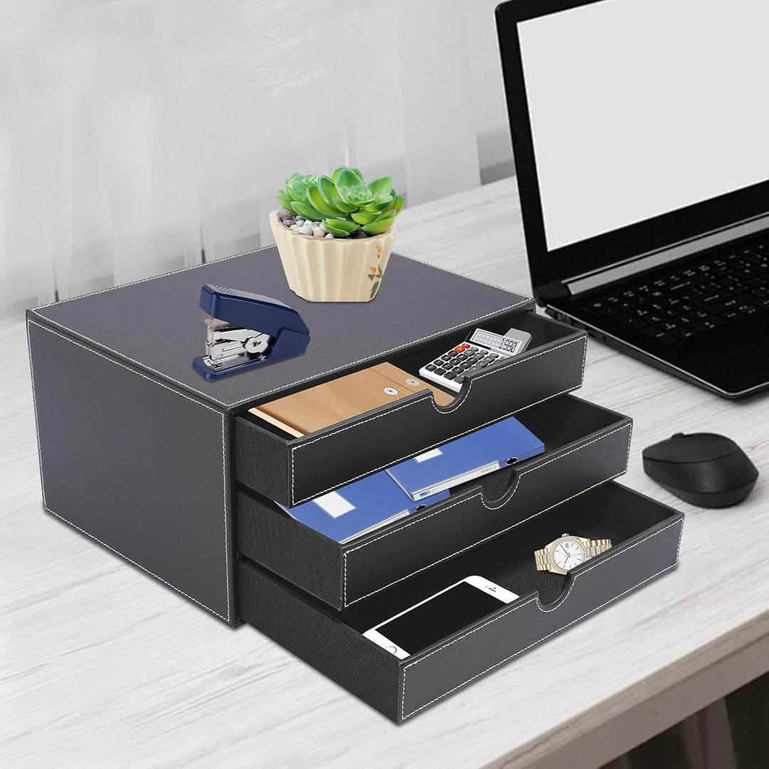 Schreibtisch Schubladenbox 3 Ebenen PU-Leder Desktop Organizer mit A4-Fächern Büroablage 33cm Dokume