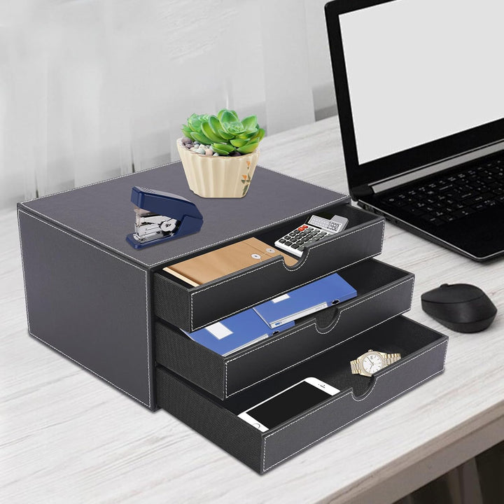 Schreibtisch Schubladenbox 3 Ebenen PU-Leder Desktop Organizer mit A4-Fächern Büroablage 33cm Dokume