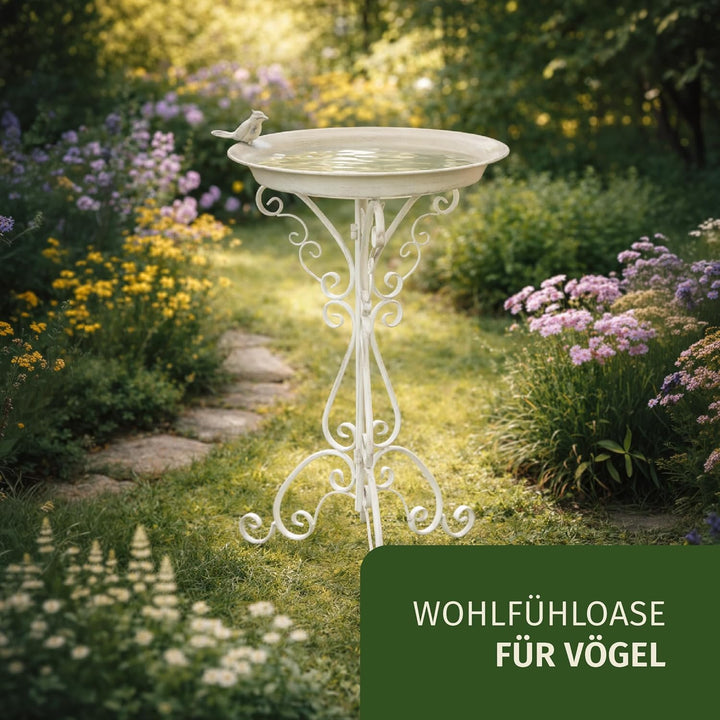 Moritz Vogeltränke Vogelbad Höhe 73cm weiss Vogelbecken Wassertränke mit kleinem Vogel auf der Wasse