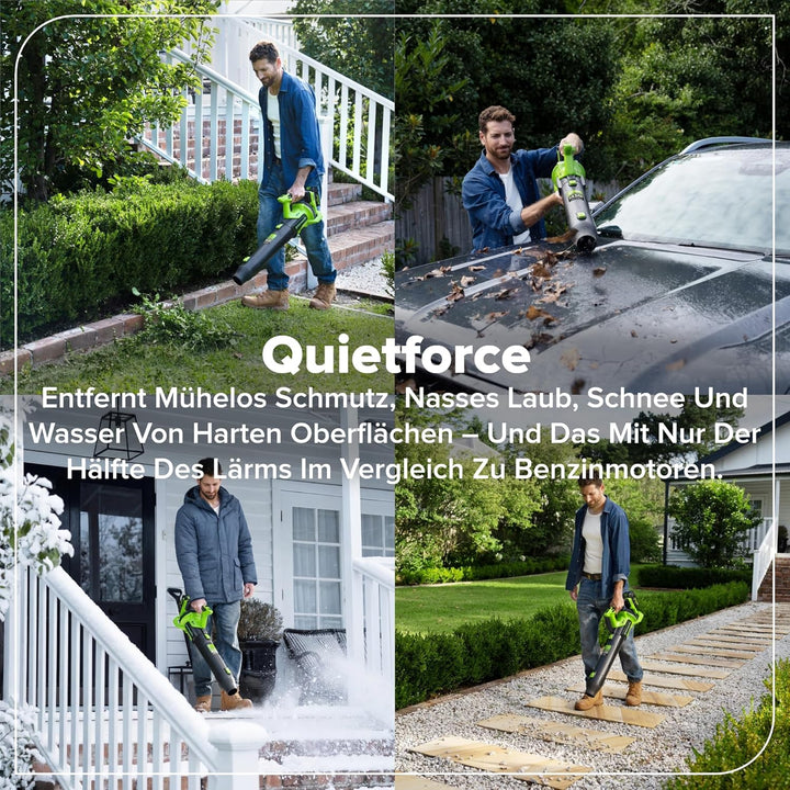 Greenworks 24V Akku-Laubbläser, Bürstenlos, 14,58 m³/min, 209 km/h, QUIETFORCE, inkl. 4Ah USB Akku &