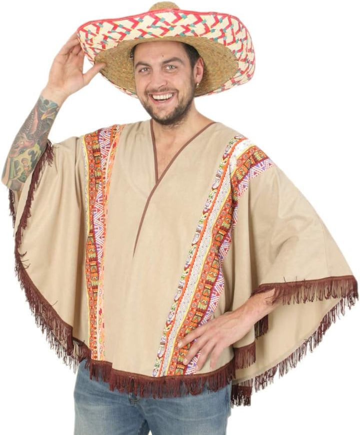 KarnevalsTeufel Erwachsenenkostüm Western Poncho in beige mit gemusterter Borte und braunen Fransen