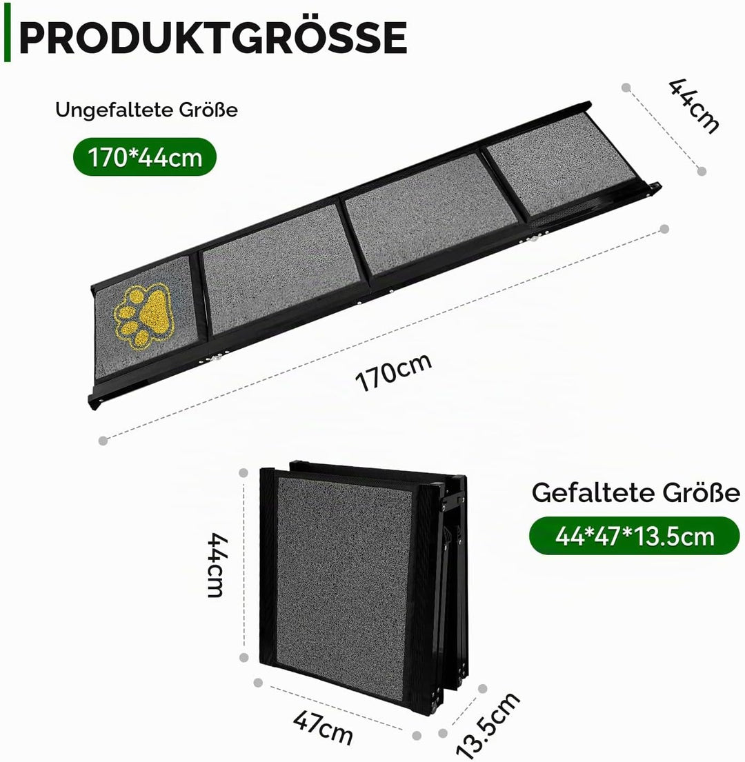 Hunderampe Auto Klappbar 170 x 44 cm Grau, mit Rutschfester Teppichoberfläche, bis 70 kg, Leicht Alu