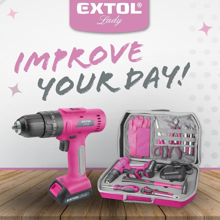 Extol Lady Akku Bohrschrauber Set 27-tlg. I 12V Li-Ion Frauen Akku-Schrauber Pink mit Schlagfunktion