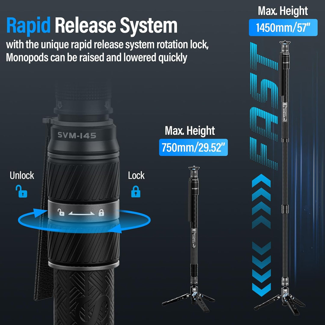 SIRUI SVM-145 Einbeinstativ Kohlefaser Kamera, 145cm Carbon monopod Rapid System Einstufige Höhenver