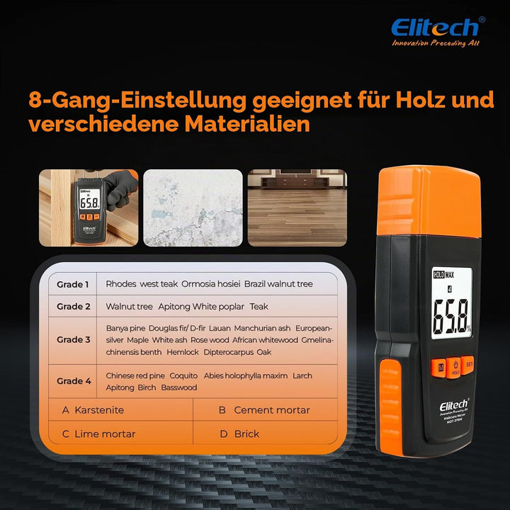 Elitech Holzfeuchtemessgerät Digital, 4 Holzarten, ±2% Genauigkeit, 9,8 mm Sonden, Feuchtigkeitsmess