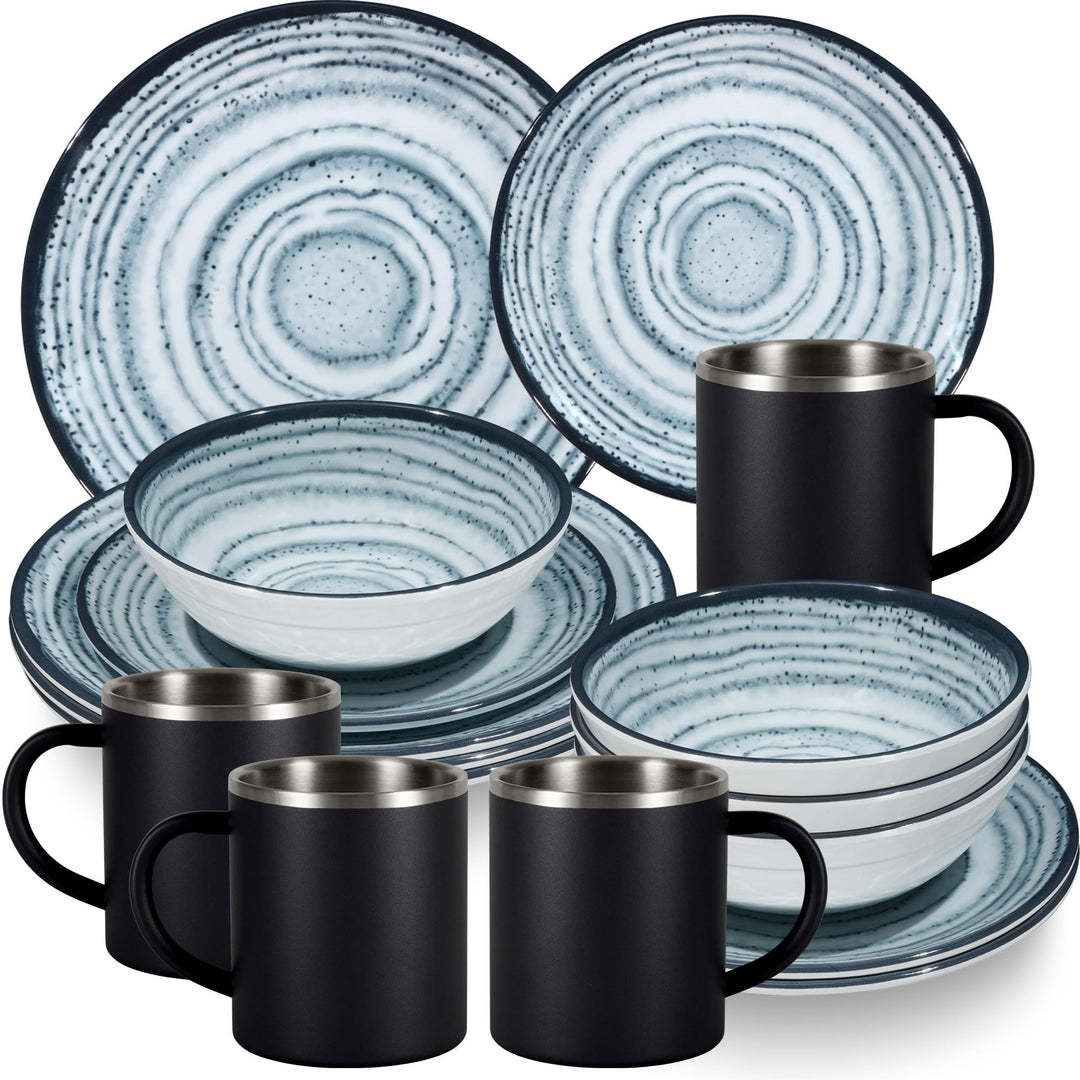 Melamin Geschirr Set Blau Schiefer Edelstahl Thermo Tassen Camping Garten 4 Personen - Edelstahltass