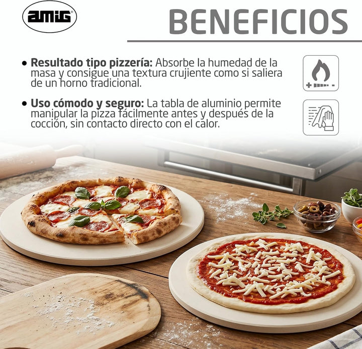 Amig – Pizza‑Set für Grill – Cordieritstein und Aluminiumplatte – Durchmesser Stein 33 cm – Durchmes