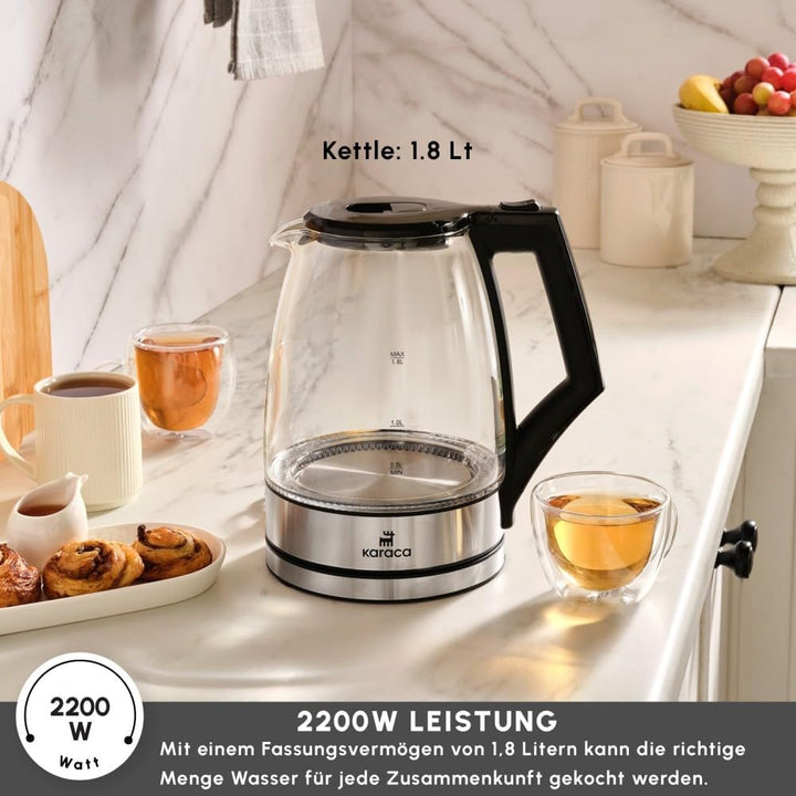 Karaca Glacia Kettle - Glas Wasserkocher Edelstahl - 2200W, 1,8 Liter, Elektrischer Wasserkocher Dur