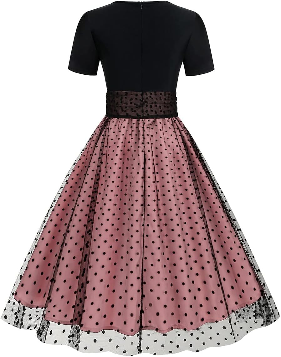 Odizli Rockabilly Kleider Damen 50er Jahre Kurzarm Mesh Polka Dot Tüllkleid Sommer Swing Coctailklei