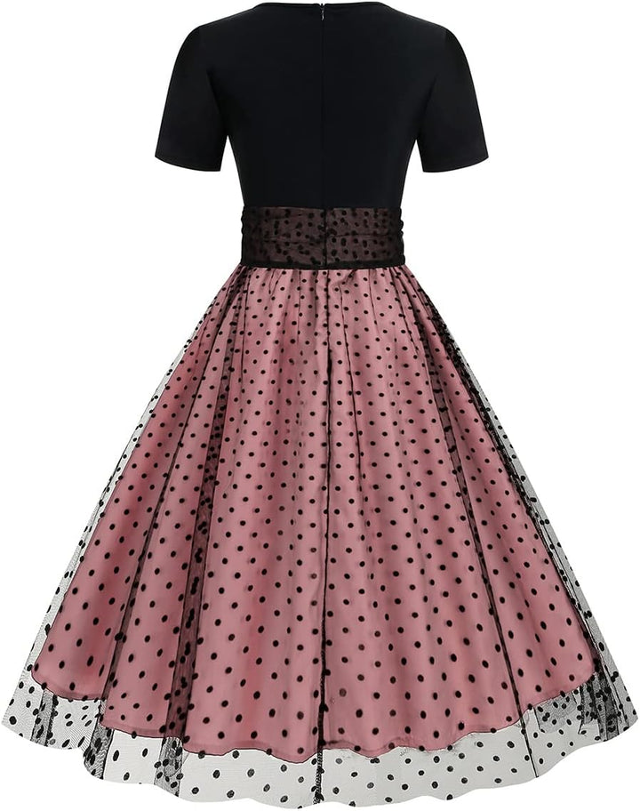Odizli Rockabilly Kleider Damen 50er Jahre Kurzarm Mesh Polka Dot Tüllkleid Sommer Swing Coctailklei