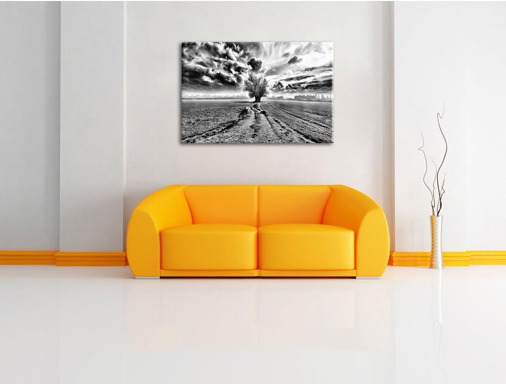 Pixxprint Monocrome, Pinkes Feld mit pinkem Baum, Format: 100x70 auf Leinwand, 100x70