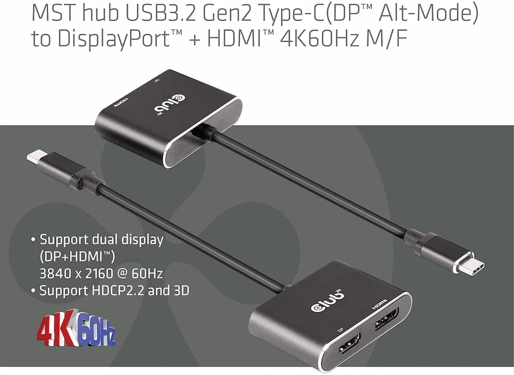 Club 3D MST Hub USB3.2 Gen2 Typ-C(DP™ Alt-Mode) auf DisplayPort™ + HDMI™ 4K60Hz St./B. CSV-1552, CSV