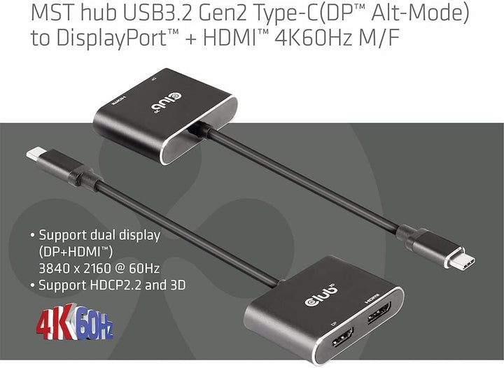 Club 3D MST Hub USB3.2 Gen2 Typ-C(DP™ Alt-Mode) auf DisplayPort™ + HDMI™ 4K60Hz St./B. CSV-1552, CSV