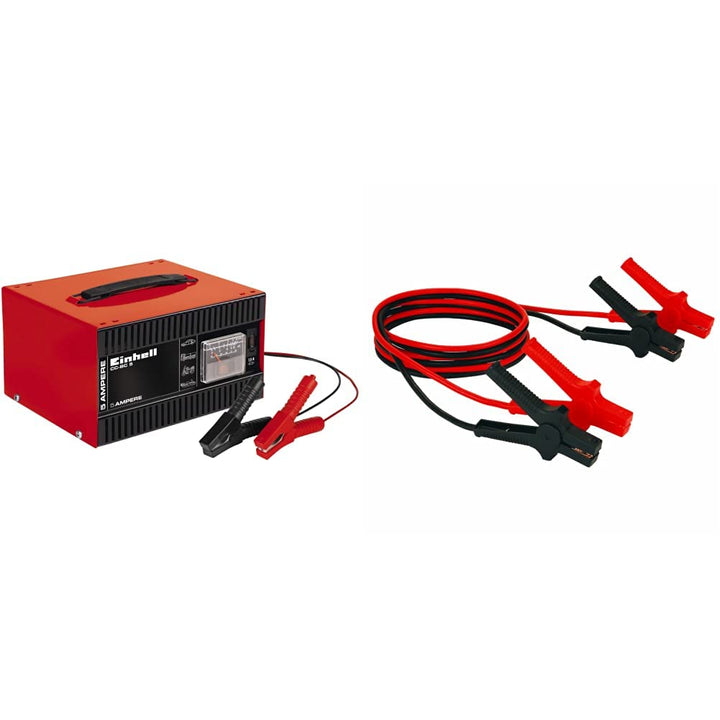 Einhell Batterie-Ladegerät CC-BC 5 (eingebautes Amperemeter, Stahlblechgehäuse) & Starthilfekabel BT