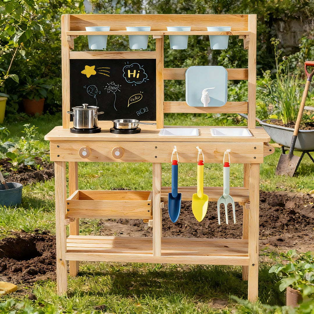 ROBUD Holz-Schmutzküche für Kinder, Spielküche für draussen mit echtem Wasserhahn, Abnehmbarer Spüle