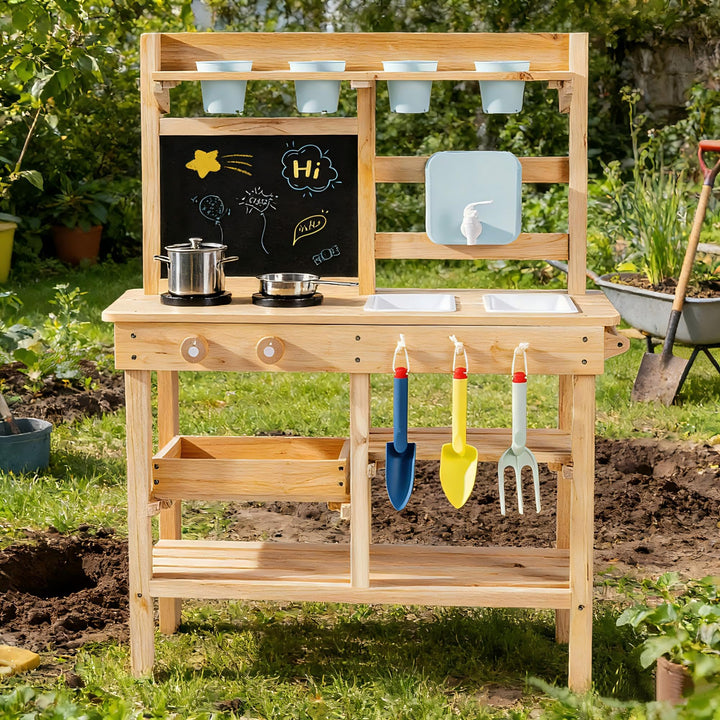 ROBUD Holz-Schmutzküche für Kinder, Spielküche für draussen mit echtem Wasserhahn, Abnehmbarer Spüle