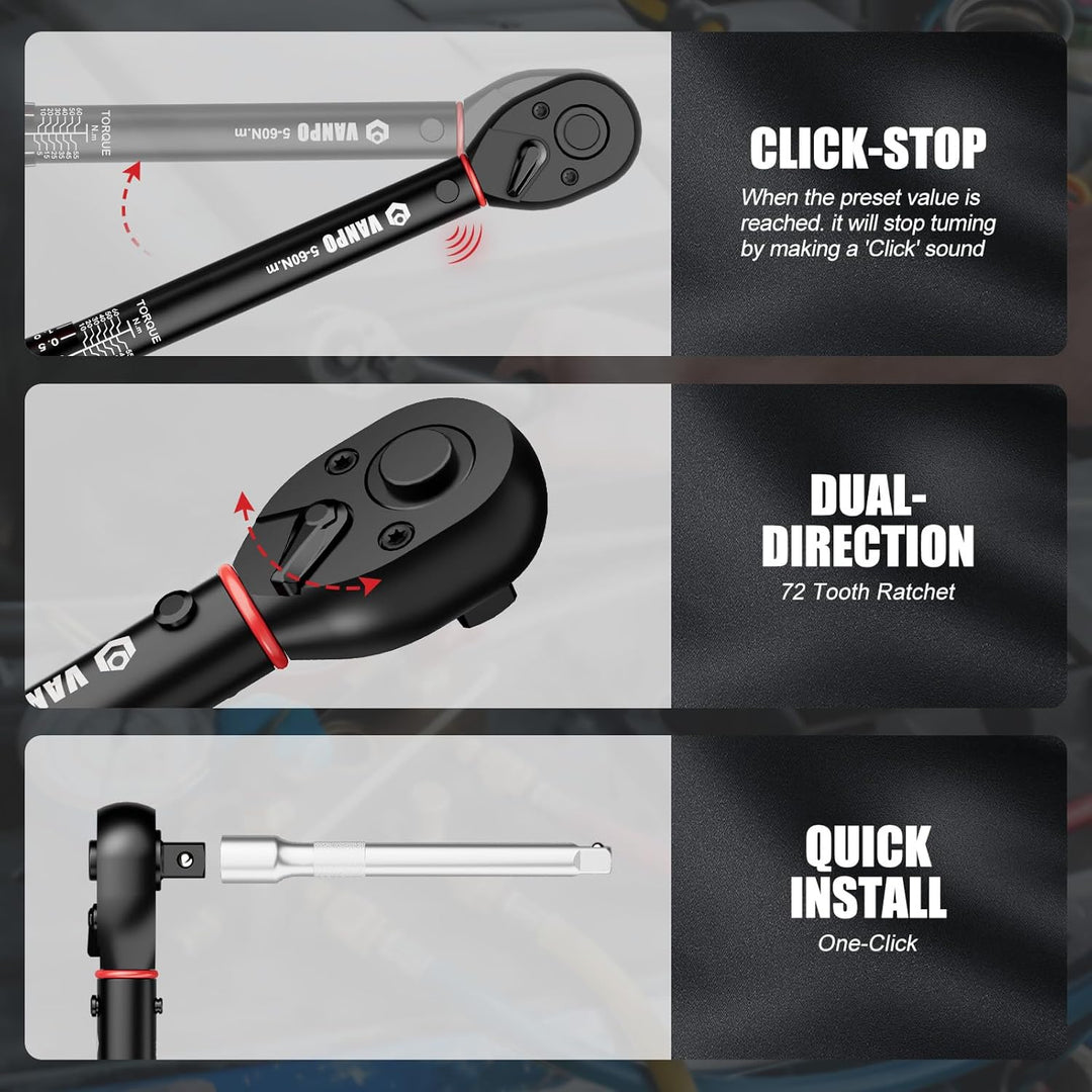 VANPO Drehmomentschlüssel 1/4 3/8 1/2, 7 Teilig Set 1-25Nm 5-60Nm 20-220Nm | Torque Wrench Set mit D