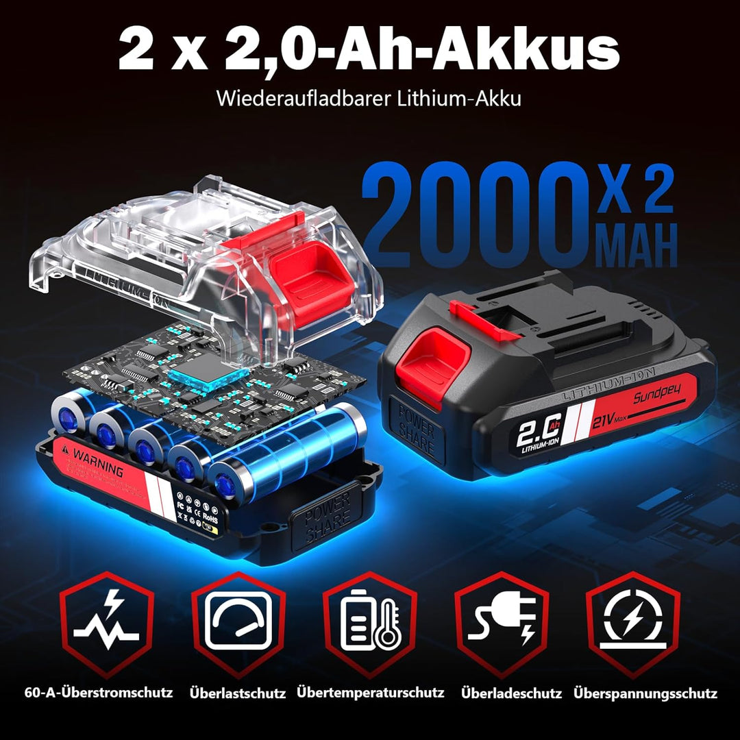 Sundpey 21V Akkuschrauber Set - Max. 70Nm Bürstenlos Akkubohrer und Schrauber mit 2 x 2.0Ah Akku, 23