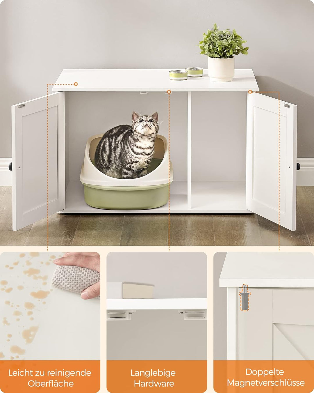 Feandrea Katzenhaus, Katzenklo-Schrank mit herausnehmbarer Trennwand, Tisch, 80 x 53 x 50 cm, weiss