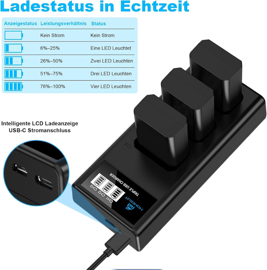 Homesuit NP-FW50 Akku 1300mAh und DREI Schlitze LCD Ladegerät Kit für Sony ZV-E10, Alpha A6000, A650