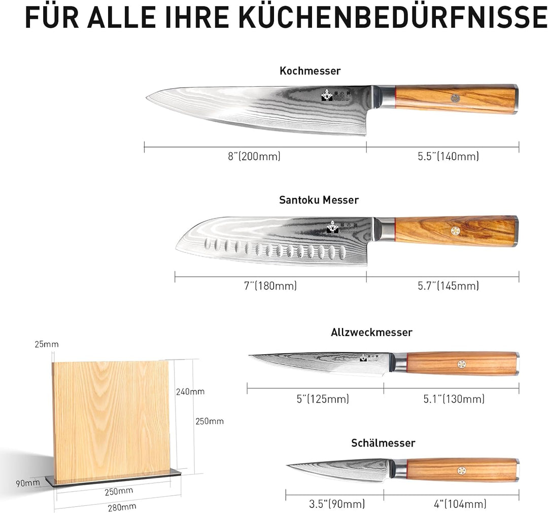 FUJUNI Damastmesser Set mit Block, 5-Teilig Messerset Damast Mit Extrem Scharf Klinge Aus 67 Lagen V