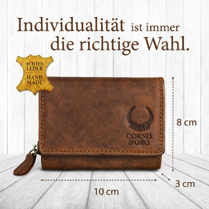 Corno d´Oro Handmade Kleines Portemonnaie Damen Leder I Mini Geldbörse Damen mit RFID Blocker und Mü