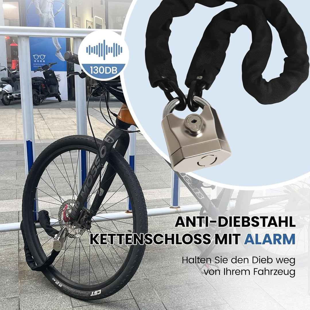 Fahrradschloss mit Alarm 130DB,Kettenschloss Fahrrad Alarmanlage 100cm*12mm mit Mini Bügelschloss, S