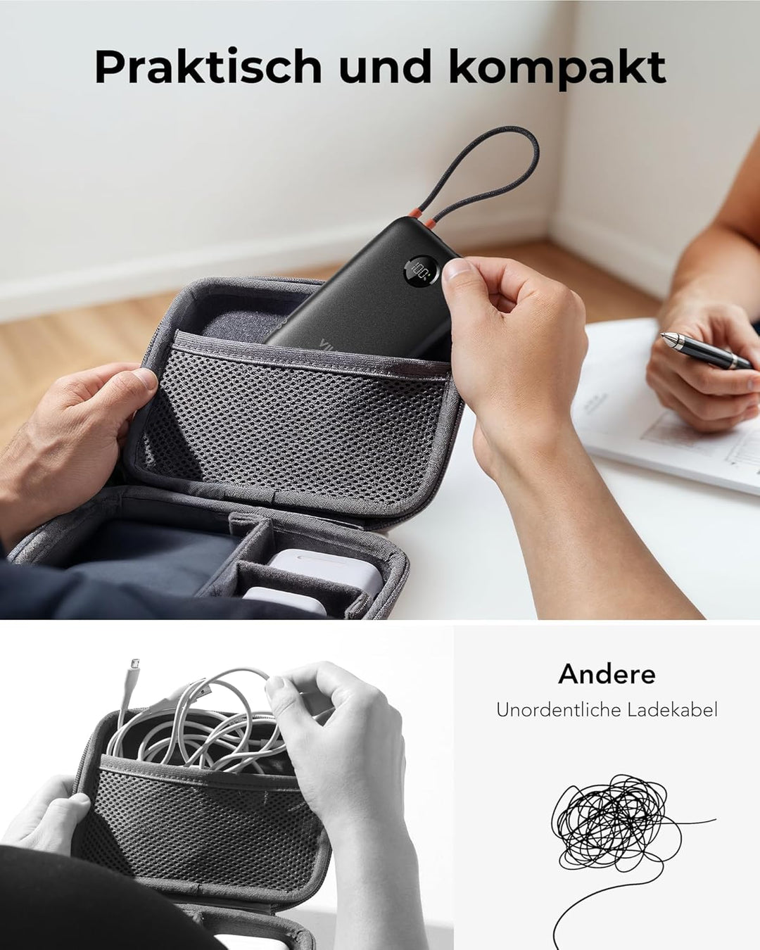 VIYISI Powerbank 10000mAh Ultradünn, 22.5W PD 20W Fast Charge mit Integriertem USB-C Kabel, LED-Anze