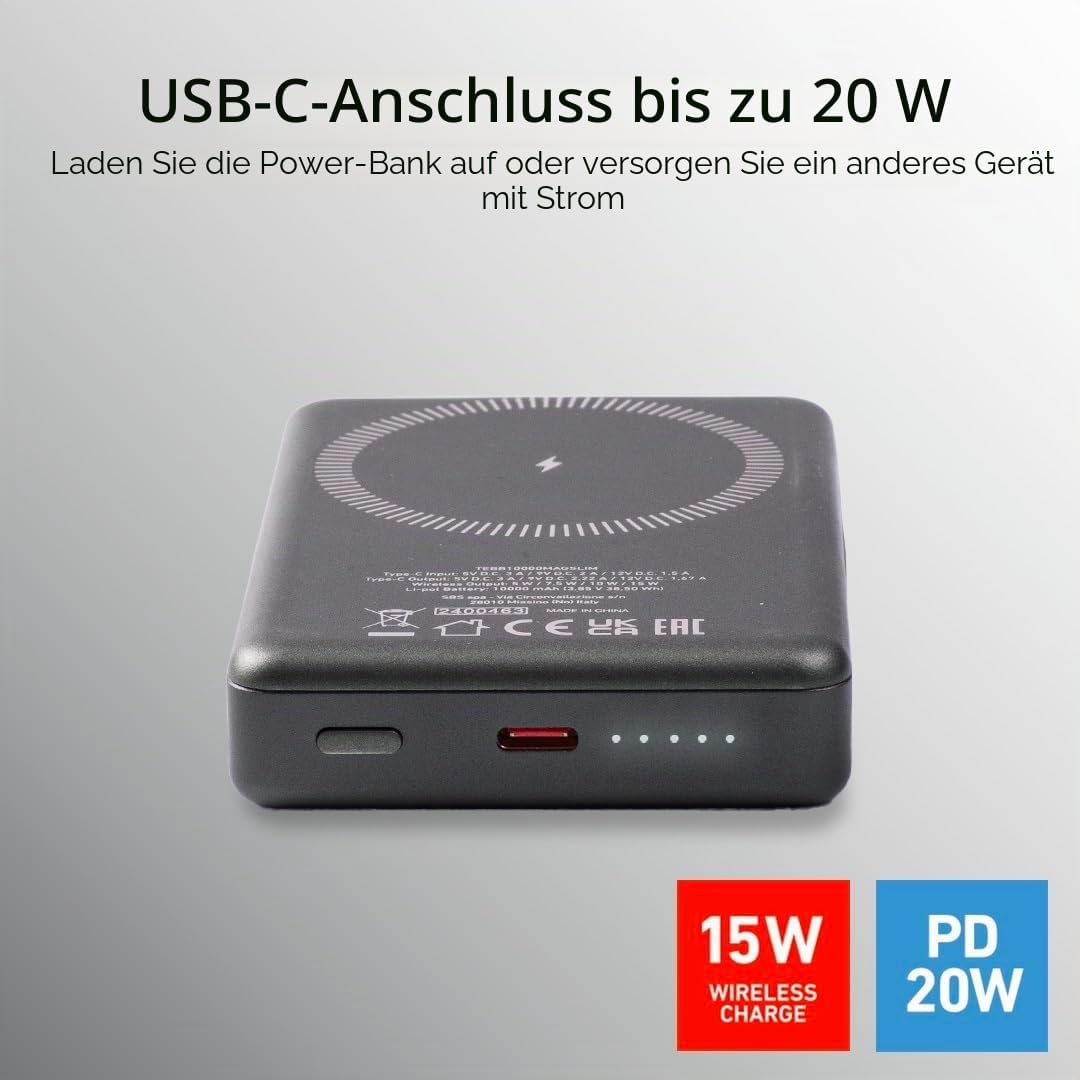 SBS PowerBank 10K MagSafe, 10.000 mAh Power Delivery 20 W, 15 W kabelloses Laden, magnetisch, Status