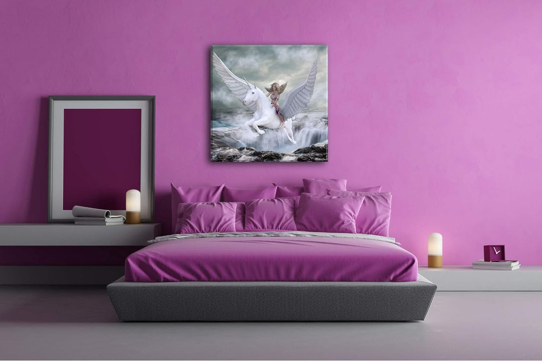 Frau auf dem edlen Pegasus Format: 70x70 als Leinwand, Motiv fertig gerahmt auf Echtholzrahmen, Hoch