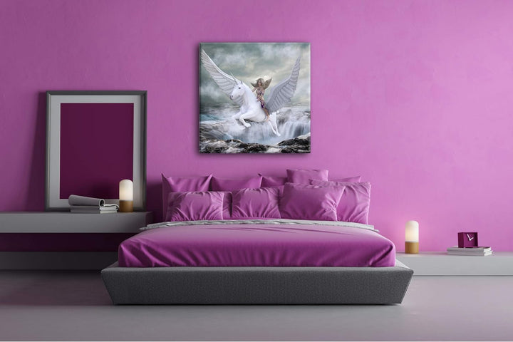Frau auf dem edlen Pegasus Format: 70x70 als Leinwand, Motiv fertig gerahmt auf Echtholzrahmen, Hoch