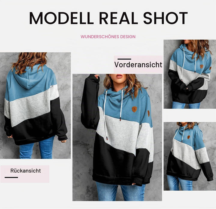 Damen Kapuzenpullover Stehkragen Hoodie Pullover Farbblock Sweatshirt Langarmshirt Oberteile für Her