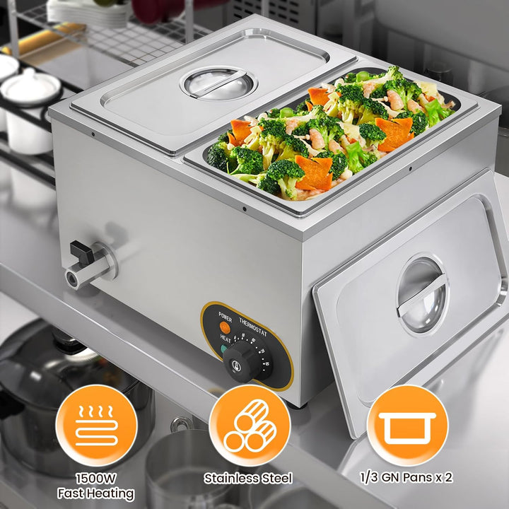 Elektrische Speisenwärmer Bain Marie Gastro GN-Behältern 1/3 * 2 Warmhalter Edelstahl mit Ablaufhahn