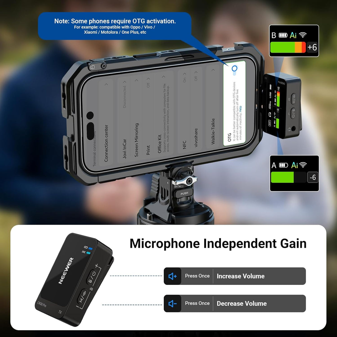NEEWER CM26 Pro AI Drahtloses Mikrofon kompatibel mit iPhone Android Kameras PCs, Ansteckmikrofon DS
