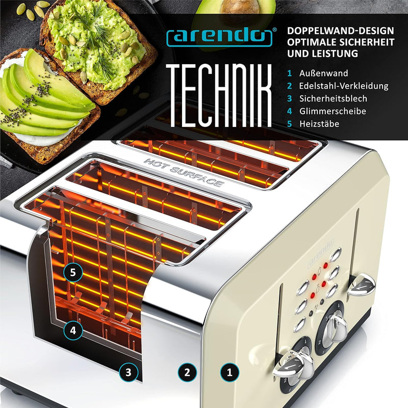 Arendo - Automatik Toaster 4 Scheiben - Edelstahlgehäuse - bis zu Vier Sandwich und Toast-Scheiben -