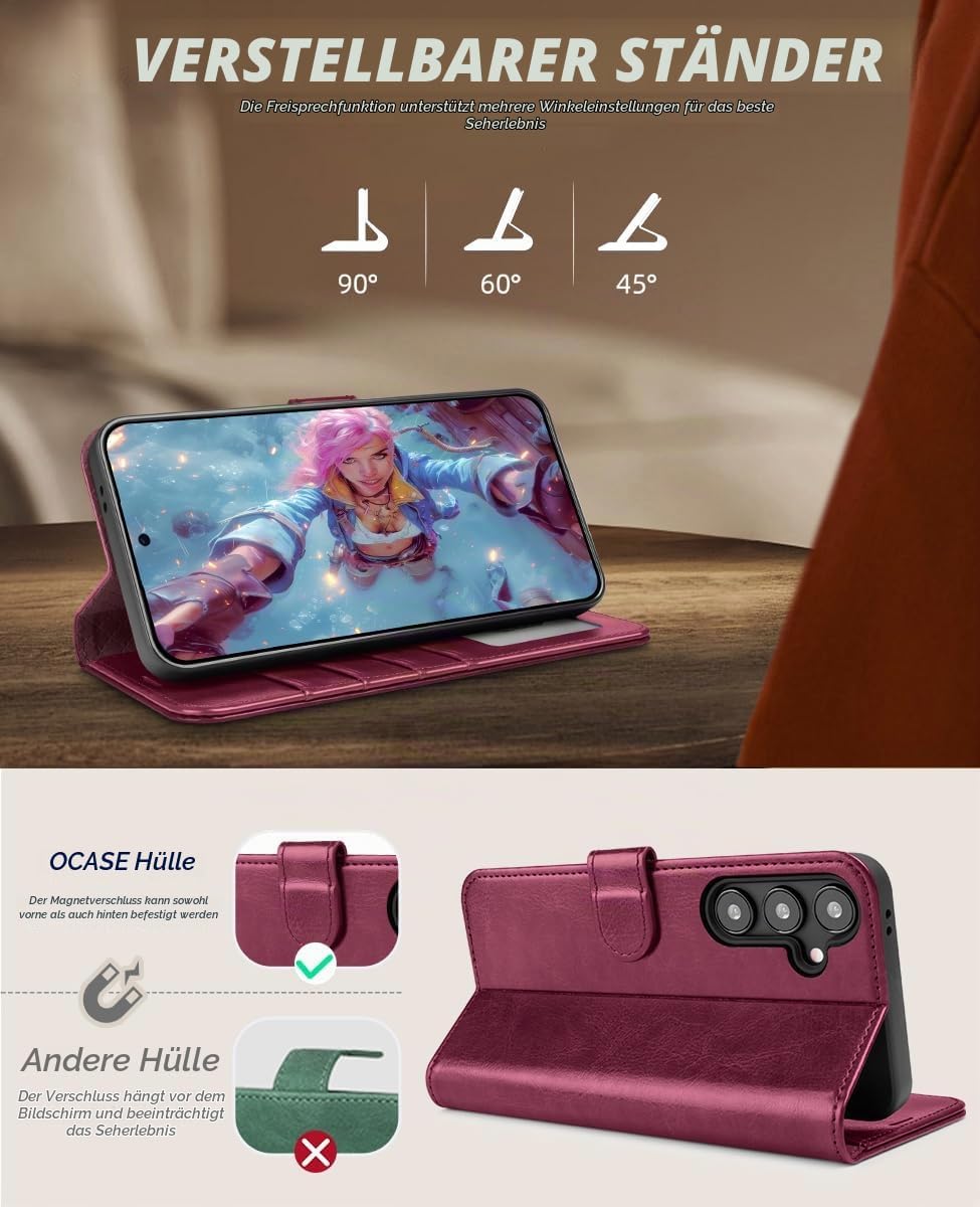 OCASE Handyhülle für Samsung Galaxy S24 FE Hülle Premium Leder Burgundy | Flip Klappbare Klapphülle