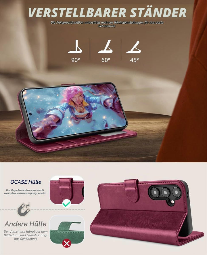 OCASE Handyhülle für Samsung Galaxy S24 FE Hülle Premium Leder Burgundy | Flip Klappbare Klapphülle